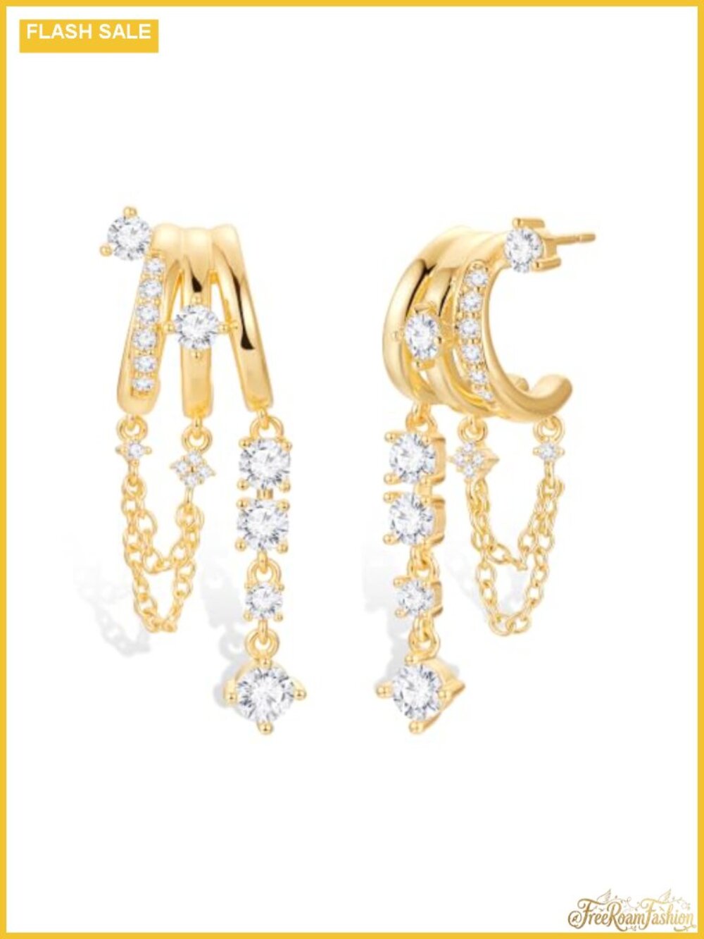 14K Gold Plated Triple Huggie Illusion Dangle Earrings CZ Stacked